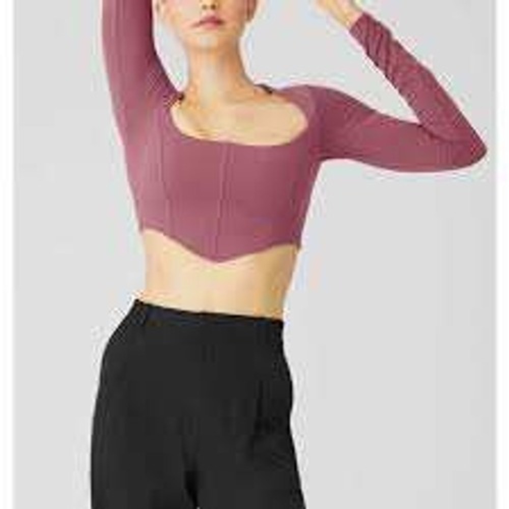 Alo Yoga Womens Corset Long Sleeve Crop Top Pink Square Neck Shelf Bra Small
